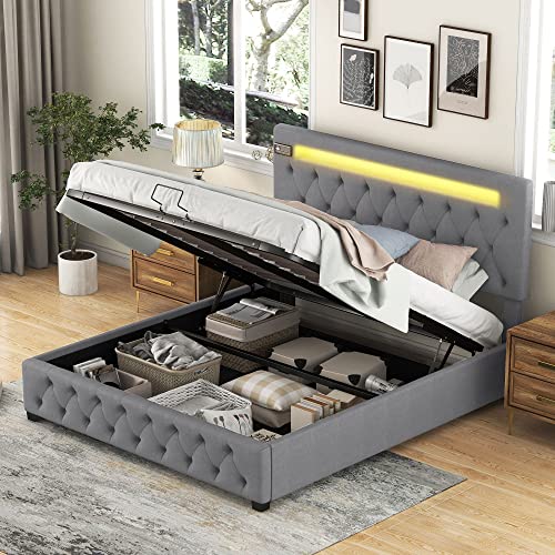 KecDuey Doppelbett Polsterbett, 140x200cm Hydraulisch Bett,Bluetooth-Player und LED-Beleuchtung, Bett mit Stauraum Lattenrost aus Metallrahmen,Modernes Bettgestell mit Stauraum von KecDuey