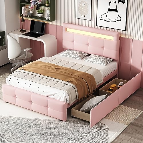 KecDuey Einzelbett Polsterbett 90x200cm mit LED Leuchten, 2 Schubladen, hautfreundlicher Leinenpolsterung flach Kinderbett Jugendbett Gästebett (Pink) von KecDuey