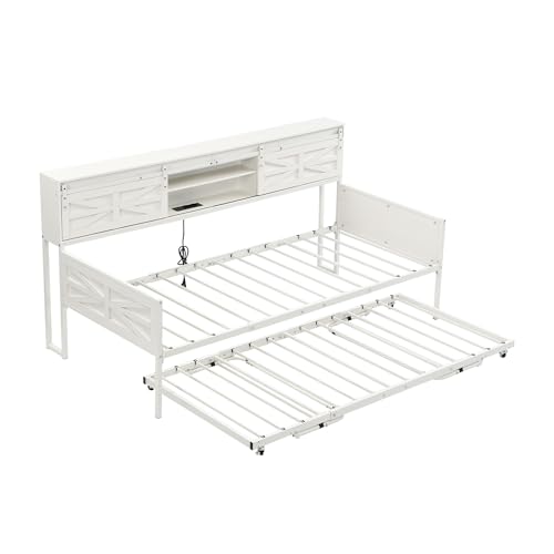 KecDuey Eisenbett, Sofabett 90x200cm, Metallbett mit ausziehbares Bett,Bettgestell mit Mehreren Ablagefächern und multifunktionalen Steckdosen, Bügeleisen Einzelbett, Teenagerbett (Weiß) von KecDuey