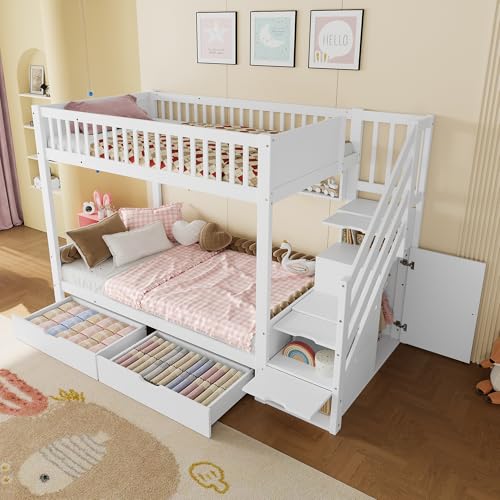 KecDuey Etagenbett 90x200cm,Kinderbett mit Schublade,Bettrahmen mit Regal,mit Kleiderschrank,mit Staufach,(Ohne Matratze),Weiß von KecDuey