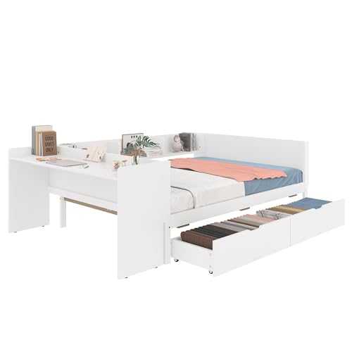 KecDuey Flachbett 140 x 200cm,Doppelbett, Holzbett mit Schreibtisch, ausgestattet mit 2 Schubladen, Einzelbett(Ohne Matratze), mit Regalen, Kiefer+Spanplatte Weiß von KecDuey