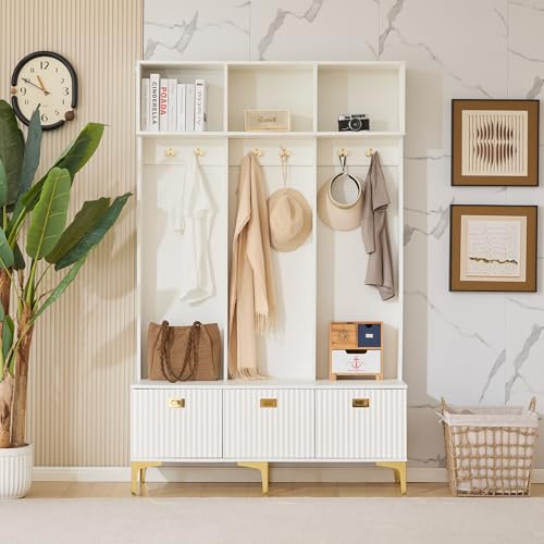 KecDuey Garderobenset mit Bank, Flurgarderobe,Garderoben-Set mit multifunktionale Aufbewahrungsbank, offene Aufbewahrung,6 goldene Haken und Füße, geeignet für Flur, Wohnzimmer (Weiß) von KecDuey