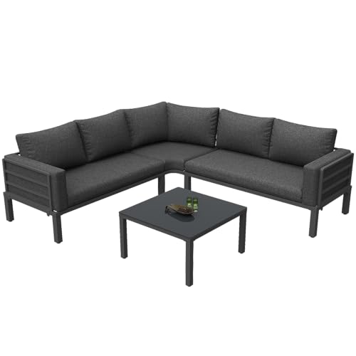 KecDuey Gartenmöbel-Set (4-5 Sitzplätze),Unterhaltungssets,1 Couchtisch aus gehärtetem Glas, verzinkter Eisenrahmen, Bequeme Gartenmöbel, Sitzpolster und Kissen (Grau) von KecDuey