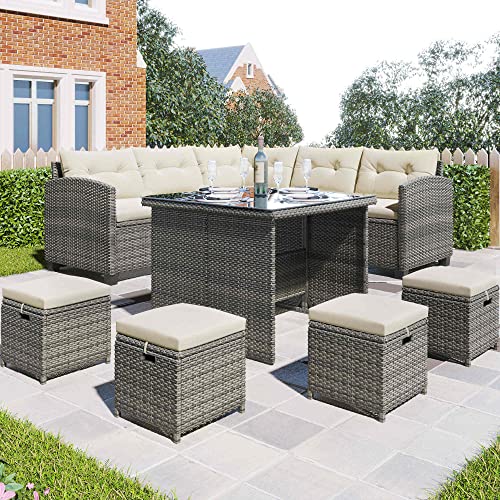 KecDuey Gartenmöbel Sets Terrassenmöbel-Set, 8 teiliges Patio Esssofa-Set, Allwetter Rattan Sofa (Grau+ Beige Kissen) von KecDuey