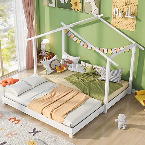 KecDuey Hausbett 90/180 x 190cm Holz Kinderbett für Jungen & Mädchen Massivholz Kinder Bett umbaubar Bodenbett mit Lattenrost weiß von KecDuey