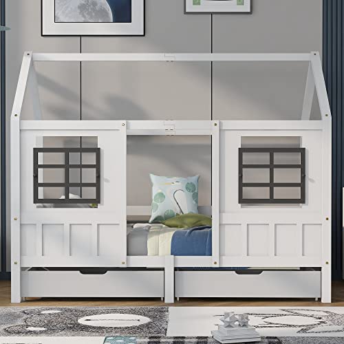 KecDuey Hausbett mit 2 Schubladen, Einzelbett, Tagesbett, Kinderbett mit 2 Fenstern, Rahmen aus Kiefer, MDF, weiß (200x90cm) von KecDuey