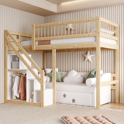 KecDuey Hochbett,Massivholzbett 90 x 200cm,Treppe mit Aufbewahrungsschrank, Kinderbett, Jugendbett, Einzelbett, Massivholzrahmen, hohe Ausführung (Holzfarbe) von KecDuey