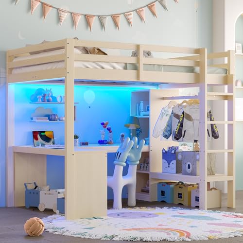 KecDuey Hochbett 140x200cm,Kinderbett mit Multifunktionsregalen, Holzbett mit Unterbettschreibtisch, LED-Licht und USB,Bettrahmen (Natürlich, 140 x 200cm) von KecDuey