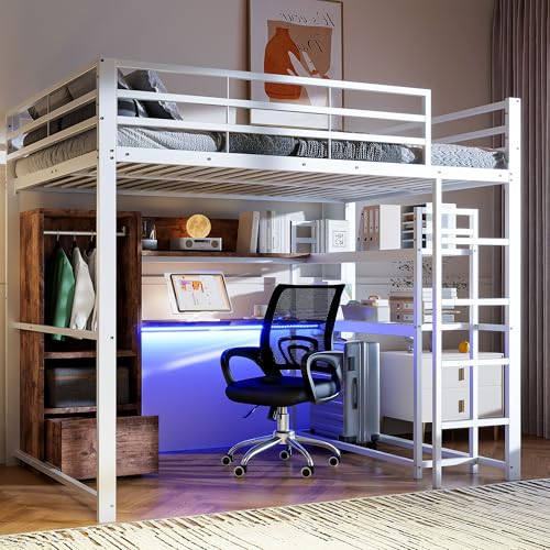 KecDuey Hochbett 140x200cm,Metallbett mit LED-Leuchten,Bettrahmen,Bettgestelle mit Schreibtisch, 1 Schubladen, Regale, Geländer, Treppe, ohne Matratze (Weiß, 140 x 200cm) von KecDuey