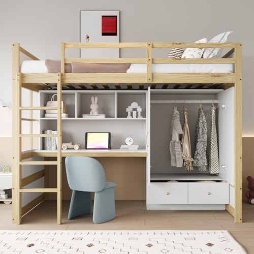 KecDuey Hochbett 90 x 200 cm,Kinderbett mit Leiter,Kinderbettrahmen mit Schreibtisch mit Stauraum, Mit Kleiderschrank und Schubladen, Jugendbett, Einzelbett (Holzfarbe, 90 x 200cm) von KecDuey