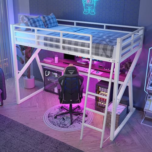 KecDuey Hochbett 90 x 200cm, Einzelbett,Eisenrahmen, Bettgestell mit LED-Leiste, Geländer,Metallbett mit Treppe, Schreibtisch, Bettrahmen ohne Matratze (Weiß) von KecDuey