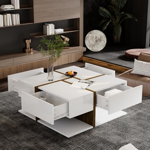 KecDuey Hochglanz Couchtisch, Beistelltische mit 4 Schubladen, einzigartige Farbabstimmung und Liniendesign, Stauraum unten, Konsolentische für Wohnzimmer (Weiß+Holzfarbe) von KecDuey