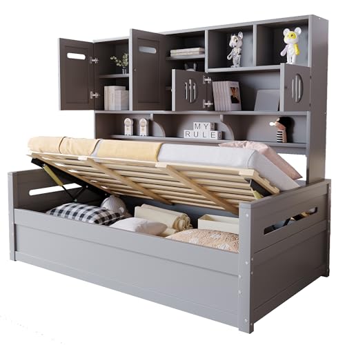KecDuey Holzbett 90 x 200 cm, multifunktionaler Stauraum, hydraulisches Bett, Einzelbett, Jugendbett, Bettgestell mit Lattenrost (Grau) von KecDuey