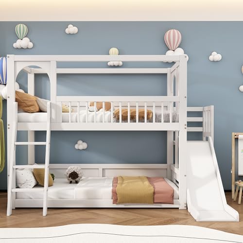 KecDuey Kinder-Etagenbett 90 x 200cm, Doppelbett, multifunktionales Kinderbett, mit Regalen, mit Rutsche, mit Lattenrost ohne Matratze von KecDuey