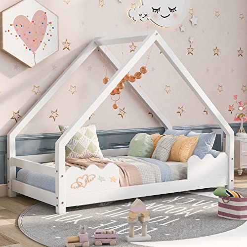 KecDuey Kinderbett,Hausbett 80x160cm mit Rausfallschutz，Spielbett mit Rollrost，Jugendbett Massivholz (Weiß) von KecDuey