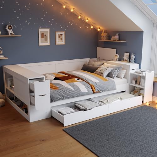 KecDuey Kinderbett 140 x 200cm, Tagesbett,multifunktionales Kinderbettbettrahmen mit Schubladen, Regalen und Stauraum, mit nachttisch,mit Stauraum KecDuey Kinderbett 140 x 200cm, Tagesbett,multifunktionales Kinderbettbettrahmen mit Schubladen, Regalen und Stauraum, mit nachttisch,mit Stauraum von KecDuey