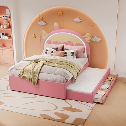 Kinderbett 140 x 200cm Cartoon Doppelbett mit Lattenrost und Schubladen, Einhornform, ausgestattet mit ausziehbares rollbett 90 x 190cm, PU-Material (Rosa, 140 x 200cm/90 x 190cm) von KecDuey
