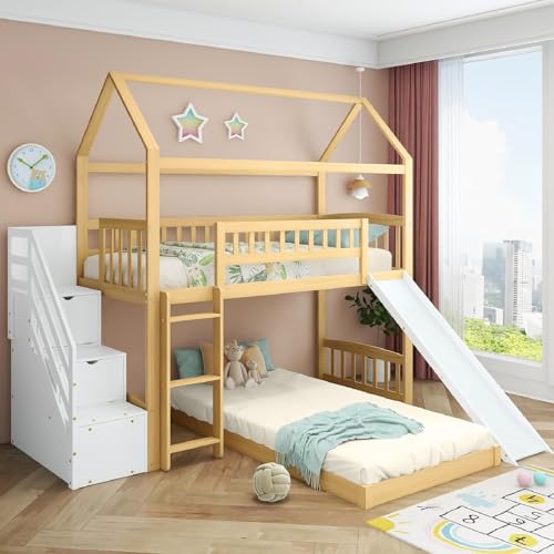 KecDuey Kinderbett 200 x 90cm Etagenbett mit Treppe,Stauraum,Handlauf und rechtwinkliger Leiter, Hausbett mit Rutsche,mit Fallschutz und Gitter, Rahmen aus Holz von KecDuey