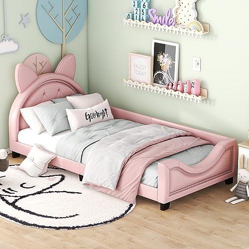 KecDuey Kinderbett 90 x 200cm, Einzelbett, Form von Karton-Ohren, mit Holz Lattenroste und Rückenlehne (Rosa) von KecDuey