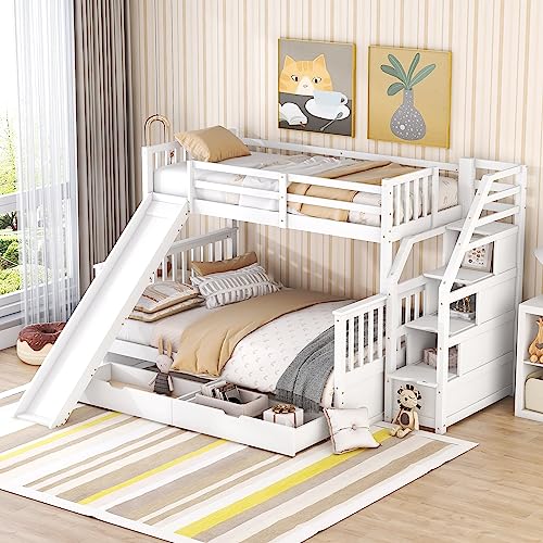 KecDuey Kinderbett 90 x 200cm ober Bett 140 x 200cm Unter Bett,Etagenbett mit Schubladen, Stauraum und Rutsche, multifunktional, Weiß von KecDuey