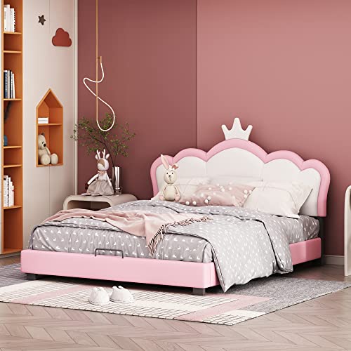 KecDuey Kinderbett Polsterbett 140x200cm mit Lattenrosten und Rückenlehne, Mädchenbett mit Kronenformung, rosa von KecDuey