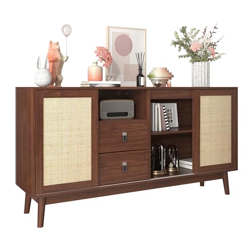 KecDuey Kommode,155 x 38 x 80cm Sideboard mit 3 Schiebetüren aus echtem Rattan und 2 Schubladen, atmungsaktiv, stabil und vielseitig (Dunkles Holz) von KecDuey