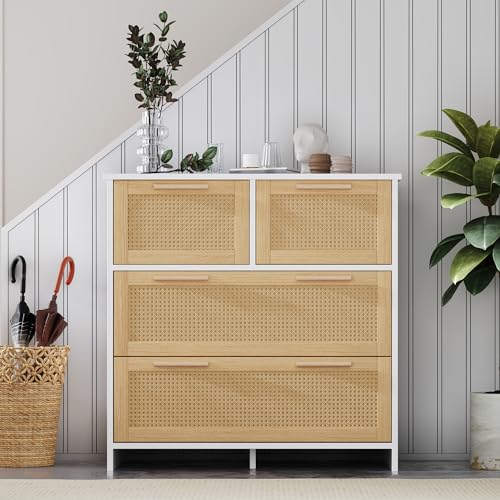 KecDuey Kommode,Rattan Sideboard 80 x 38 x 80cm,Hochwertiger 4 Schubladen, Rattanschrank mit Massivholzgriffen - Geeignet für Schlafzimmer, Wohnzimmer, Esszimmer, Flur (Natur + Weiß) von KecDuey