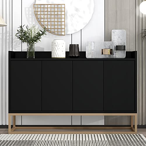 KecDuey Kommoden,Sideboardmit Golden Metallbein,120 x 30 x 80 cm Modernes Sideboard im minimalistischen Stil 4-türiger griffloser Buffetschrank für Esszimmer, Wohnzimmer, Küche (Schwarz) von KecDuey