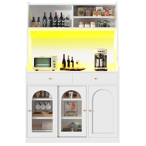 KecDuey Küchenschrank, Hochschrank mit 2 Schubladen,Vitrinenschrank, Buffetschrank mit Verstellbaren Ablagen, Esszimmerschrank mit LED-Beleuchtung,Variable Lichtfarben für,Wohnzimmer (Weiß) von KecDuey