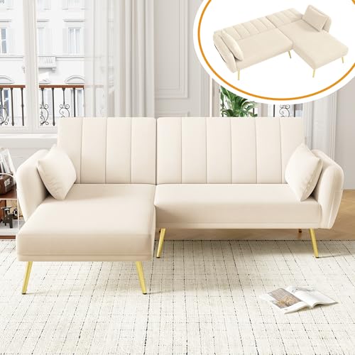 KecDuey L-förmiges Sofa,Modernes Klappsofa, Schlafsofa mit Zusatzecke, Couches,Ecksofa mit Schlaffunktion, geeignet für Wohnzimmer, Schlafzimmer, Heimkino, Gästezimmer (Beige) von KecDuey