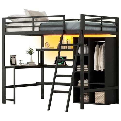 KecDuey Metall-Hochbett 140x200cm,Bettgestelle mit Treppe, integriertem Schreibtisch,Bettrahmen mit Staufächern, USB-Ladestation und LED-Licht für Schlafzimmer KecDuey Metall-Hochbett 140x200cm,Bettgestelle mit Treppe, integriertem Schreibtisch,Bettrahmen mit Staufächern, USB-Ladestation und LED-Licht für Schlafzimmer von KecDuey