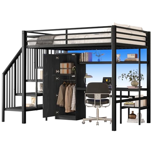 KecDuey Metall-Hochbett 140x200cm,Metallbett, mit Schreibtisch, Regal, Kleiderschrank und Stauraumtreppe, Schwarz Bettrahmen von KecDuey