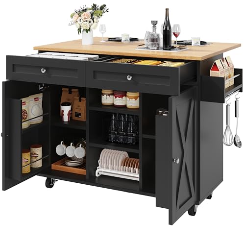 KecDuey Moderne Küchenwagen,Kücheninsel, Küchenschrank, Speisewagen mit Holzmaserung, Multifunktionale Esstisch mit Speicherraum, Speisewagen mit Snackregalen (Schwarz) von KecDuey