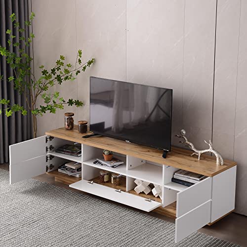 KecDuey Moderner Colorblocking-TV-Schrank Hochglanz-Oberfläche TV-Schrank mit Holzmaserung 180cm (Holzfarbe) von KecDuey