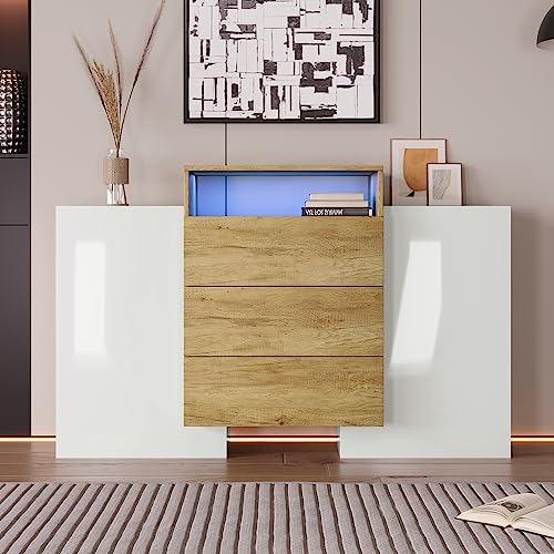 KecDuey Moderner Kommode,Sideboard, Schrank 140cm, Hochglanz-Weiß und Holzfarbe, Mehrfarbige LED-Lichteffekte. Stilvolle Aufbewahrungslösung von KecDuey