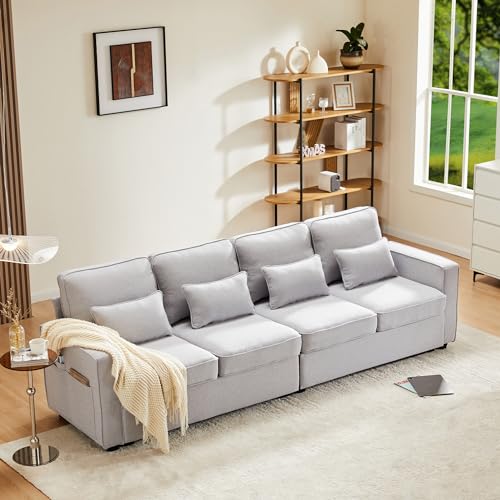 KecDuey Modernes 4-Sitzer-Sofa aus Leinenstoff, Viersitzer-Sofa mit Armlehnentaschen und 4 Kissen, Schlafsofa im einfachen Stil, geeignet für Wohnzimmer, Wohnung, Büro (Grau) von KecDuey