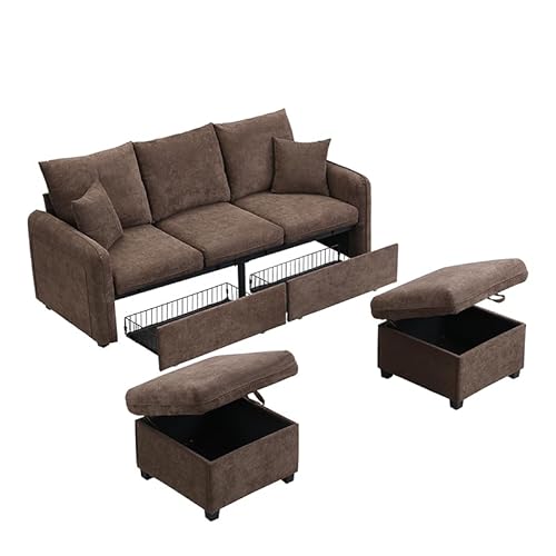 KecDuey Multifunktionale Ecksofa,U-Form-Dreisitzer PolsterSofa mit Staufunktion,Sofa mit Schubladen + Hocker mit Staufach, modular zerlegbares Sofa-Set mit Schlaffunktion (Braun) von KecDuey
