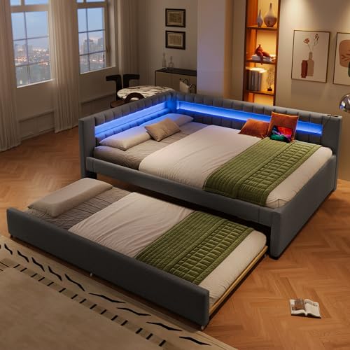 KecDuey Polsterbett,Tagesbett 140x200cm mit Ausziehbett 90 x 190cm,Bett mit LED-Fernbedienungslichtleiste am Bettende,Sofabett mit Lattenrost,USB + Type-C,Leinen KecDuey Polsterbett,Tagesbett 140x200cm mit Ausziehbett 90 x 190cm,Bett mit LED-Fernbedienungslichtleiste am Bettende,Sofabett mit Lattenrost,USB + Type-C,Leinen von KecDuey