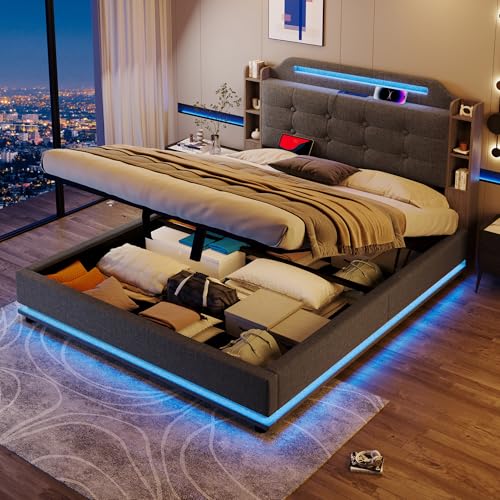 KecDuey Polsterbett 140 x 200cm,Doppelbett aus Leinen mit LED-Lichtleiste, hydraulischer Stauraum, mehrere Ablagefächer,USB + Type-C, Bettgestell,Bettrahmen (Grau) von KecDuey