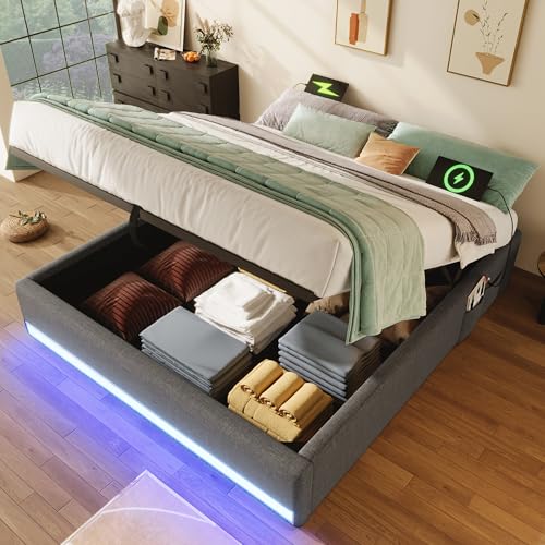 KecDuey Polsterbett 140x200cm,Doppelbett mit Fernbedienbare LED-Leiste,Bettgestell mit USB und Typ-C, kleinen Aufbewahrungstaschen, Kein Kopfteil-Design, Hydraulische Speicherfunktion,Grau KecDuey Polsterbett 140x200cm,Doppelbett mit Fernbedienbare LED-Leiste,Bettgestell mit USB und Typ-C, kleinen Aufbewahrungstaschen, Kein Kopfteil-Design, Hydraulische Speicherfunktion,Grau von KecDuey