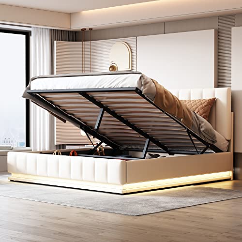 KecDuey Polsterbett 160 x 200 cm mit LED, Doppelbett mit Metalllattenrost,Bettkasten,höheverstellbarem Polsterkopfteil hydraulischem Stauraum(ohne Matratze) (Beige, 160 x 200cm) von KecDuey