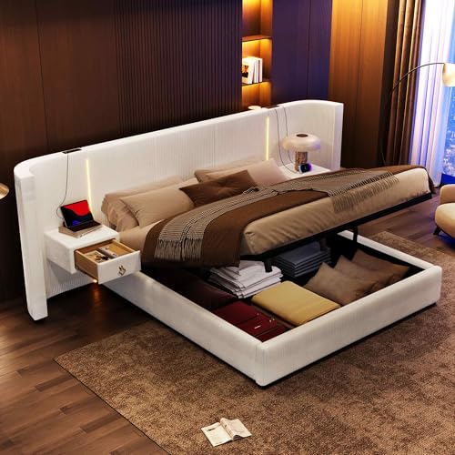 KecDuey Polsterbett 180x200cm,Doppelbett mit 2 Schubladen,Hydraulischer Bettrahmen mit LED-Leiste, hydraulischer Stauraum, USB + Type-C, Samt (Beige) von KecDuey