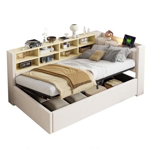 KecDuey Polsterbett 90x200 cm, Multifunktionsbett mit Hydraulischem Stauraum, Einzelbett aus Samtstoff mit Nachtlicht, USB- und Typ-C-Ladeanschluss, Ablagen und Staufächern (Beige, 90 x 200cm) von KecDuey