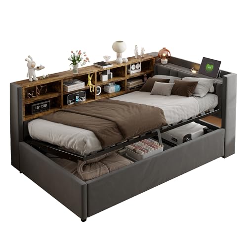 KecDuey Polsterbett 90x200 cm, Multifunktionsbett mit Hydraulischem Stauraum, Einzelbett aus Samtstoff mit Nachtlicht, USB- und Typ-C-Ladeanschluss, Ablagen und Staufächern (Dunkelgrau, 90 x 200cm) von KecDuey