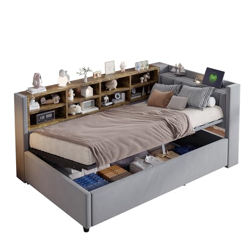 KecDuey Polsterbett 90x200 cm, Multifunktionsbett mit Hydraulischem Stauraum, Einzelbett aus Samtstoff mit Nachtlicht, USB- und Typ-C-Ladeanschluss, Ablagen und Staufächern (Hellgrau, 90 x 200cm) von KecDuey