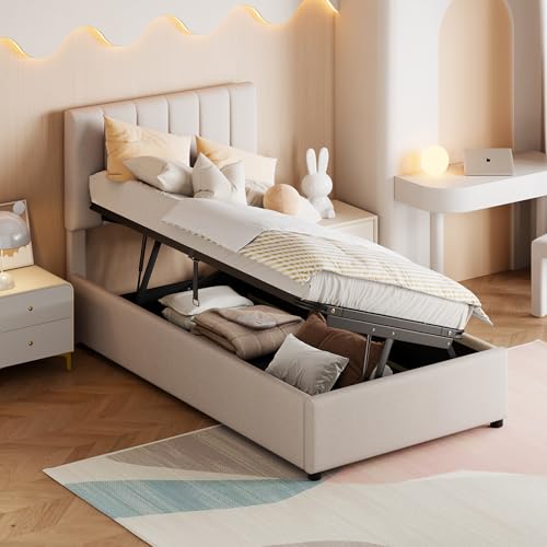 KecDuey Polsterbett 90x200 cm,Kinderbett, hydraulisches Stauraumbett, Einzelbett mit hautfreundliches Leinen-Hochkastenbett,Lattenost (Beige, 90 x 200cm) von KecDuey