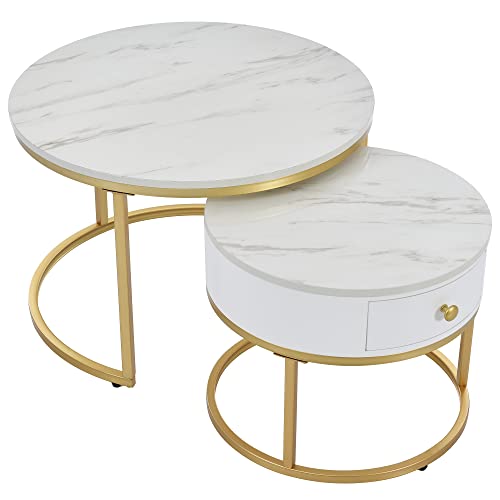KecDuey Satztisch,Moderner Nesting Couchtisch Hochglanz Marmormuster 2er Set runde Couchtische,Beistelltisch 70 x 70 x45cm +50 x 50 x 40cm (Weiß) von KecDuey