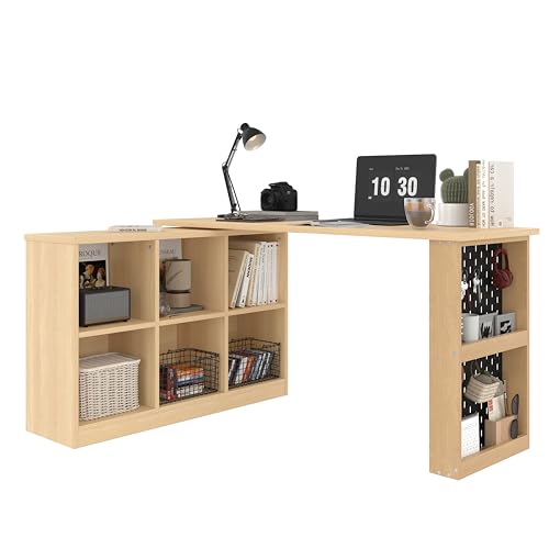KecDuey Schreibtisch,140 x 104 x 75cm Multifunktionaler Bürotisch, Sechsfach-Lagerschrank + Ablage, breite und Dicke Schreibtischplatte, Lochplatte + Ablage, super belastbar, veränderbare Form von KecDuey