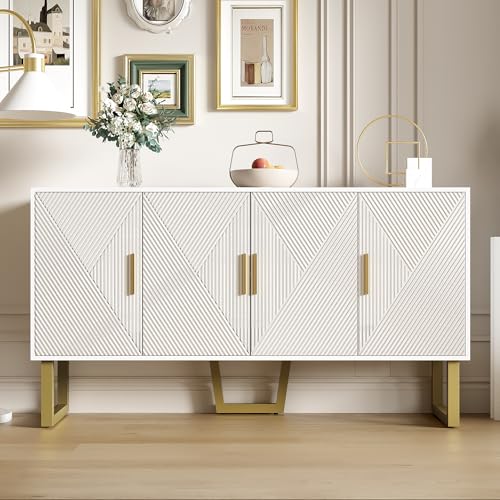 KecDuey Sideboard,150cm moderner Kommode,Buffetschrank,luxuriöser weißer Sideboard mit hochglänzenden strukturierten Türen und goldenen Griffen, 4-Türen-Design, höhenverstellbare Regale von KecDuey