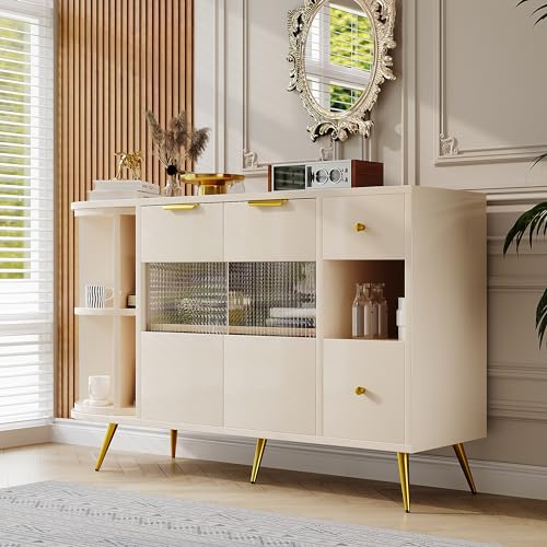 KecDuey Sideboard,Kommode 130 x 40 x 80cm,Esszimmer Wohnzimmer Aufbewahrungsschränke mit Glasschiebetüren und LED-Leuchten Holzanrichte Freistehende Schränke Buffetschränke Küchenschrank (Beige) von KecDuey